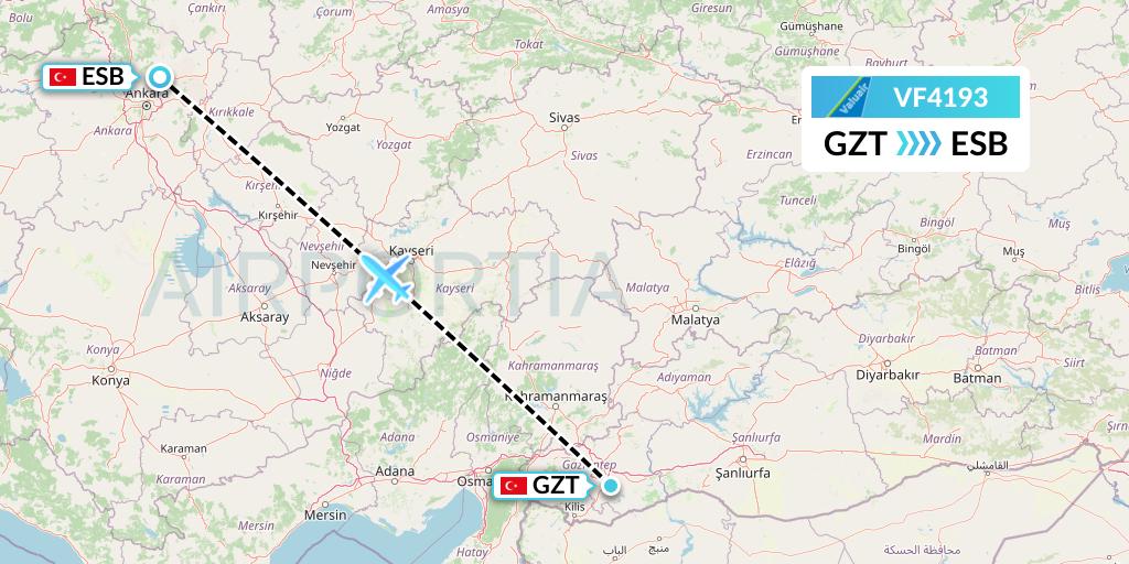 VF4193 ValuAir Flight Map: Gaziantep to Ankara