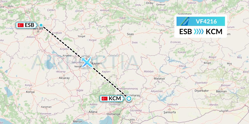 VF4216 ValuAir Flight Map: Ankara to Kahramanmaras