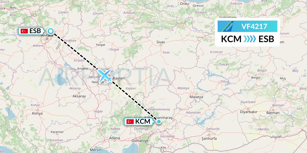 VF4217 ValuAir Flight Map: Kahramanmaras to Ankara