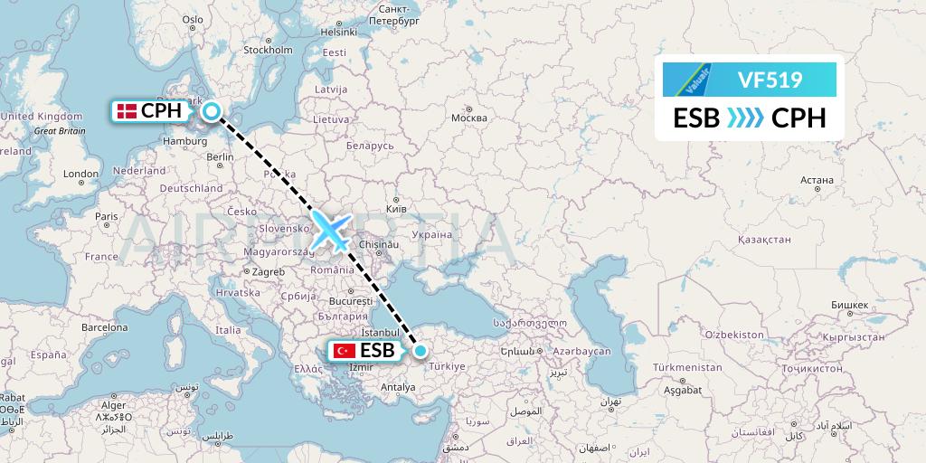 VF519 ValuAir Flight Map: Ankara to Copenhagen