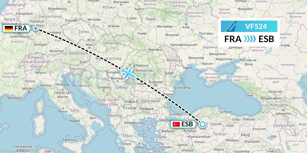 VF524 ValuAir Flight Map: Frankfurt to Ankara