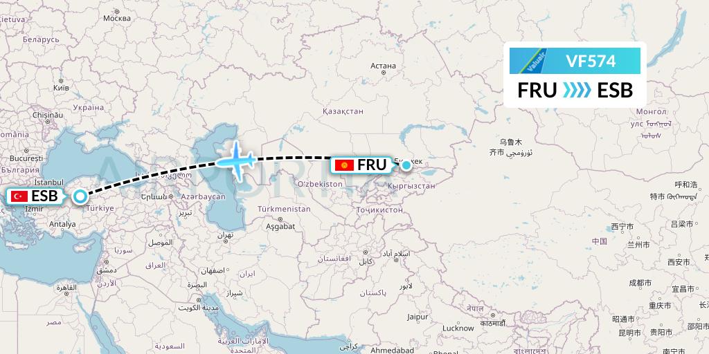 VF574 ValuAir Flight Map: Bishkek to Ankara