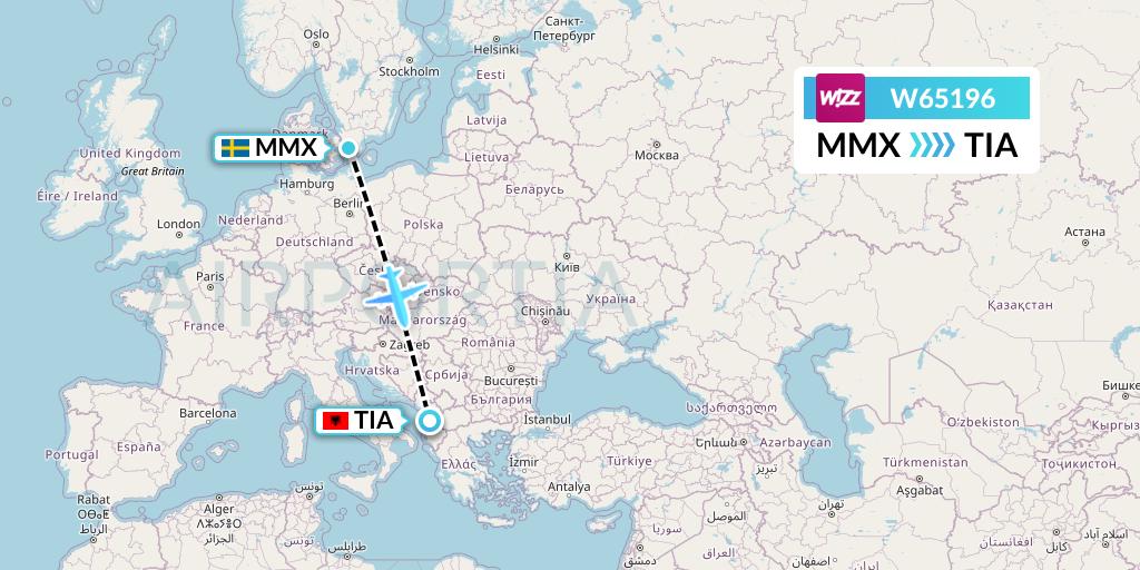 W65196 Wizz Air Flight Map: Malmo to Tirana