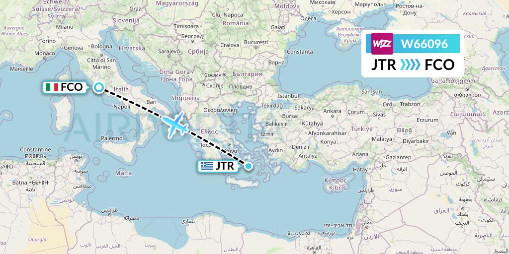 W66096 Wizz Air Flight Map: Santorini to Rome