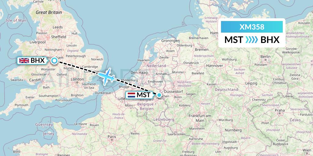 XM358 Zimex Aviation Ltd Flight Map: Maastricht to Birmingham