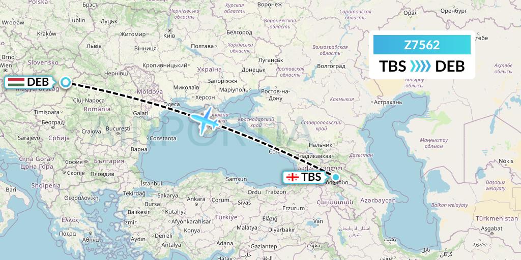 Z7562 Fly Africa Zimbabwe Flight Map: Tbilisi to Debrecen