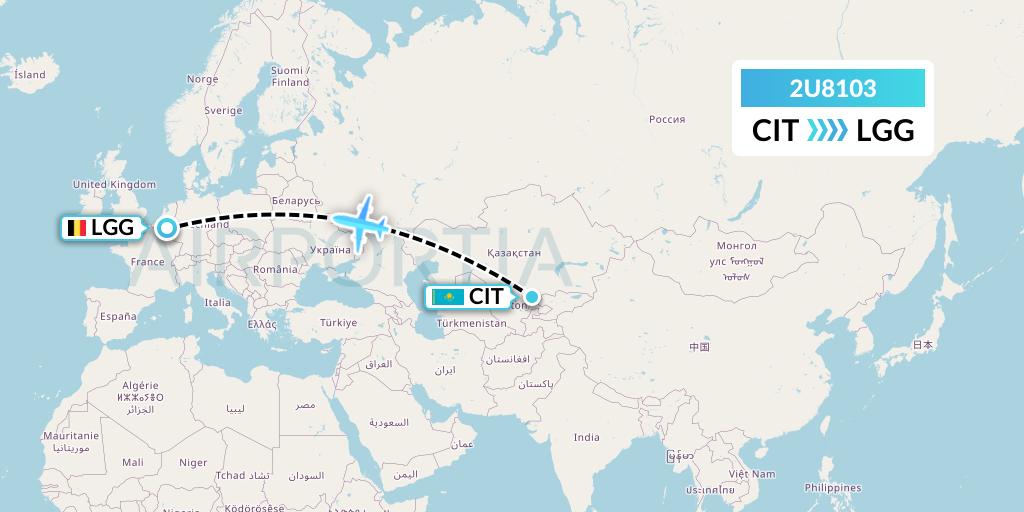 2U8103 Sun d'Or International Airlines Flight Map: Shymkent to Liege