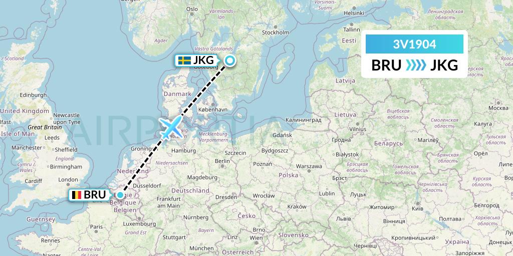 3V1904 ASL Airlines Belgium Flight Map: Brussels to Jonkoping