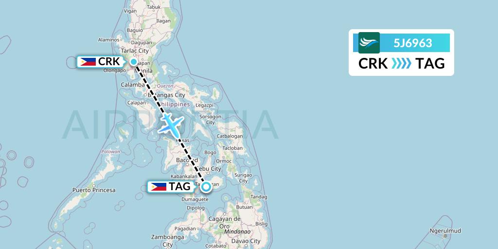 5J6963 CEBU Pacific Air Flight Map: Angeles City to Tagbilaran City
