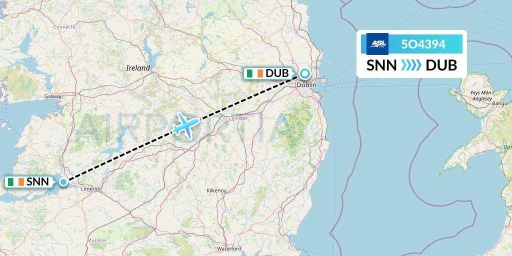 5O4394 ASL Airlines France Flight Map: Shannon to Dublin