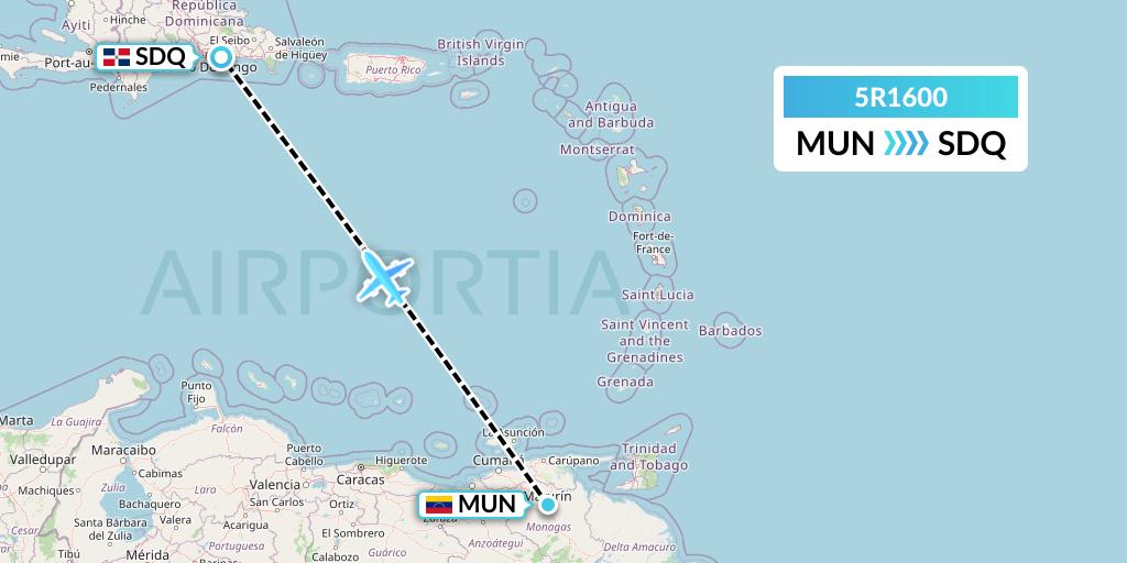 5R1600 Rutaca Airlines Flight Map: Maturin to Santo Domingo