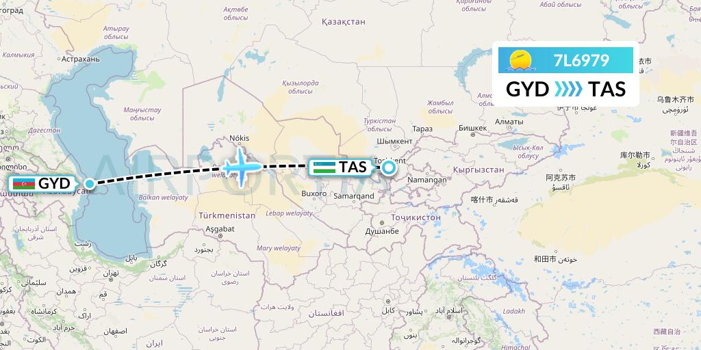 7L6979 Silk Way West Airlines Flight Map: Baku to Tashkent