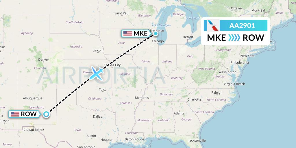 AA2901 American Airlines Flight Map: Milwaukee to Roswell