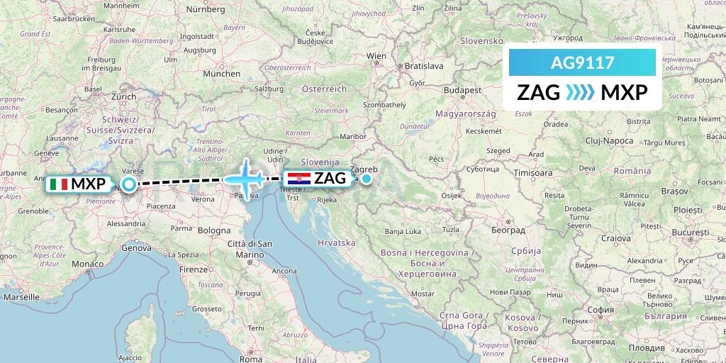 AG9117 Aruba Airlines Flight Map: Zagreb to Milan