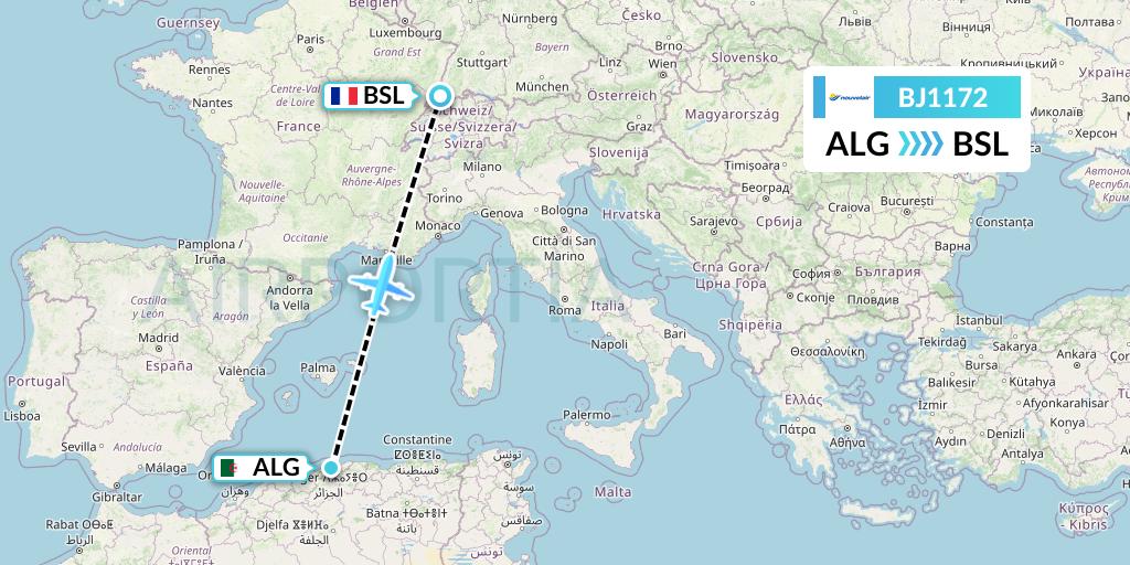 BJ1172 Nouvelair Tunisie Flight Map: Algiers to Basel