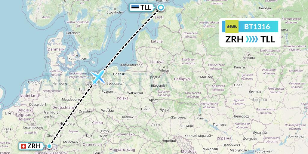 BT1316 Air Baltic Flight Map: Zurich to Tallinn
