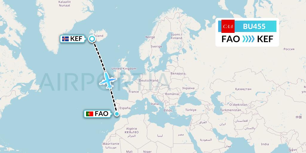 BU455 flyCAA Flight Map: Faro to Reykjavik