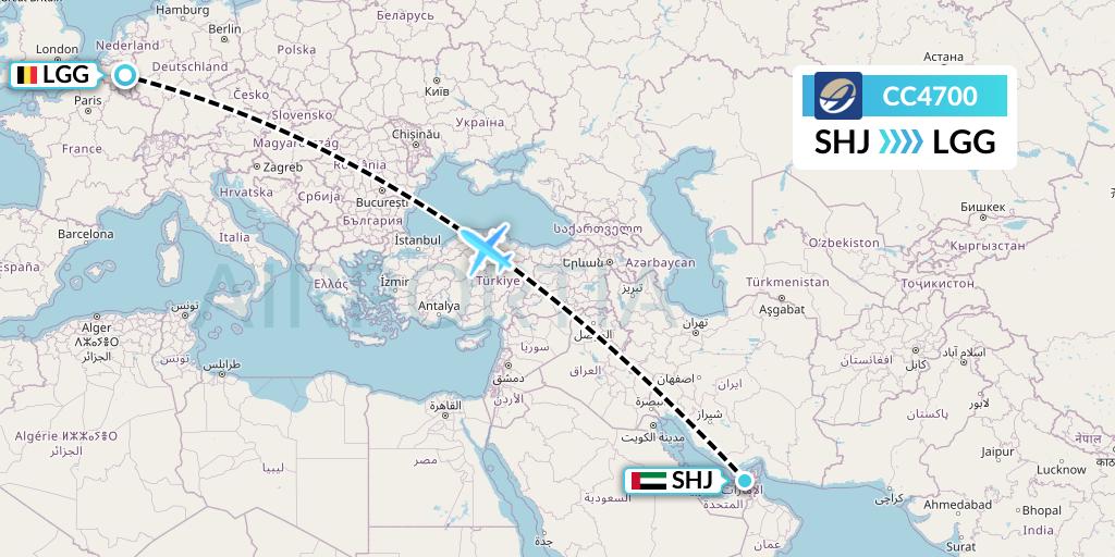 CC4700 CM Airlines Flight Map: Sharjah to Liege