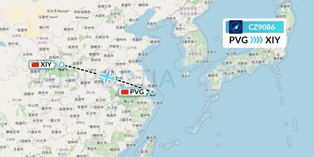 CZ9086 China Southern Airlines Flight Map: Shanghai to Xi'an