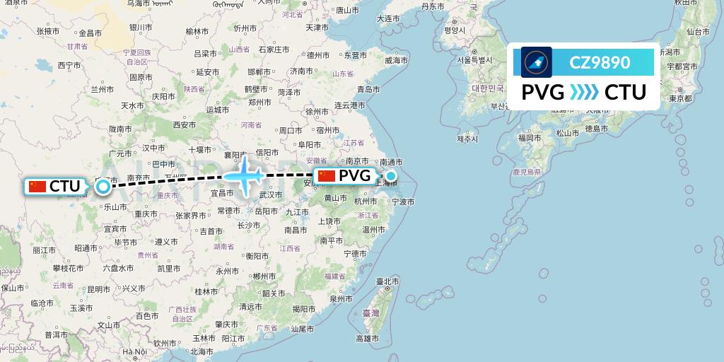 CZ9890 China Southern Airlines Flight Map: Shanghai to Chengdu