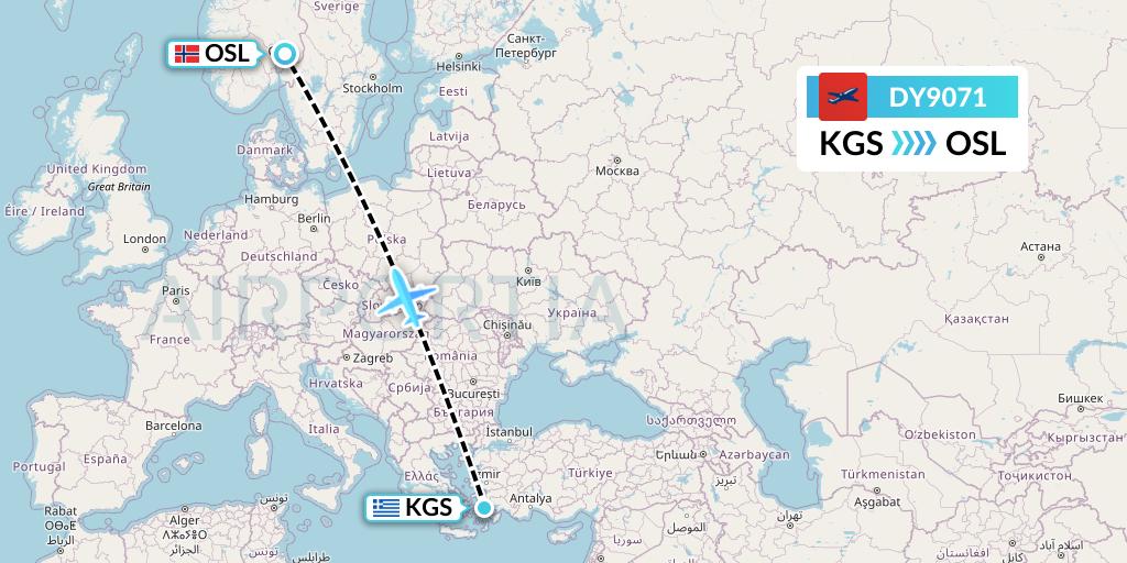 DY9071 Norwegian Flight Map: Kos to Oslo