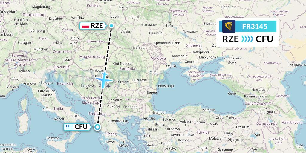 FR3145 Ryanair Flight Map: Rzeszow to Corfu
