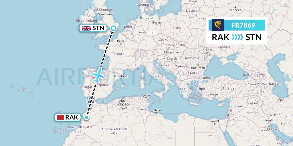 FR7869 Ryanair Flight Map: Marrakesh to London