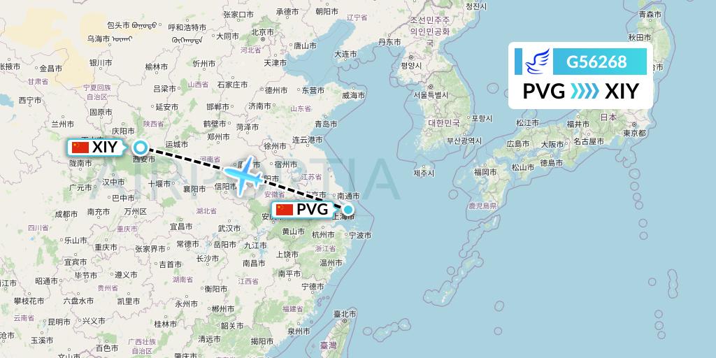 G56268 China Express Airlines Flight Map: Shanghai to Xi'an