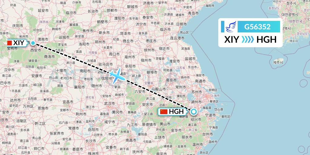 G56352 China Express Airlines Flight Map: Xi'an to Hangzhou