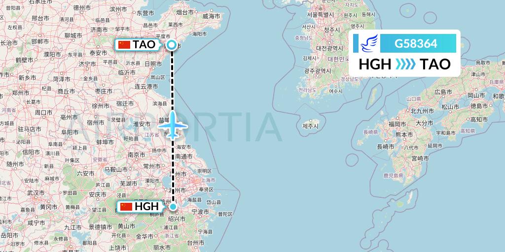 G58364 China Express Airlines Flight Map: Hangzhou to Qingdao