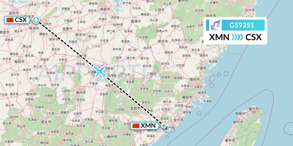 G59351 China Express Airlines Flight Map: Xiamen to Changsha