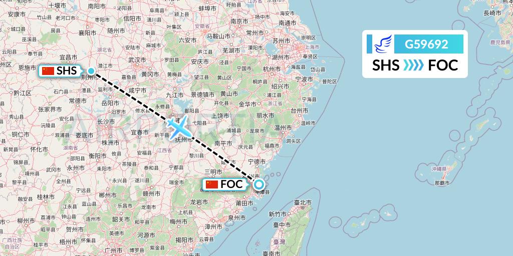 G59692 China Express Airlines Flight Map: Shashi to Fuzhou