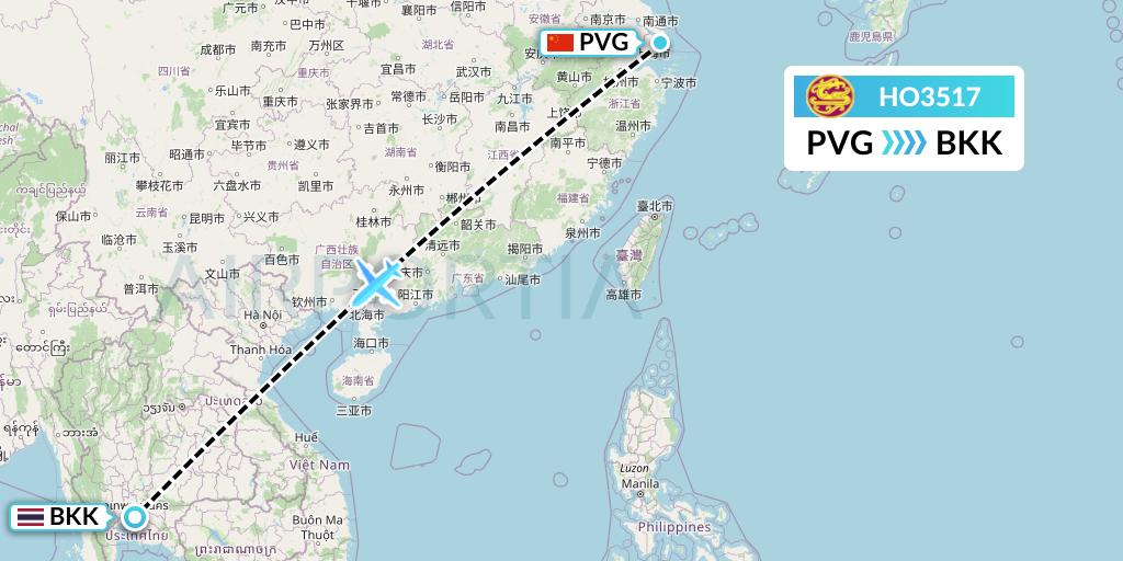 HO3517 Juneyao Airlines Flight Map: Shanghai to Bangkok