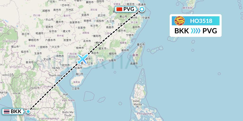 HO3518 Juneyao Airlines Flight Map: Bangkok to Shanghai