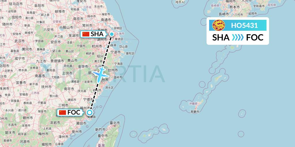 HO5431 Juneyao Airlines Flight Map: Shanghai to Fuzhou