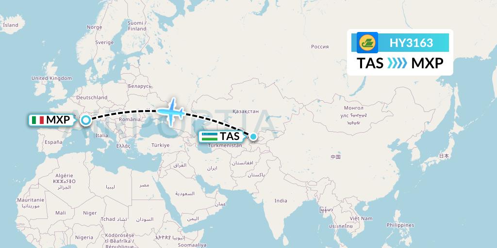 HY3163 Uzbekistan Airways Flight Map: Tashkent to Milan
