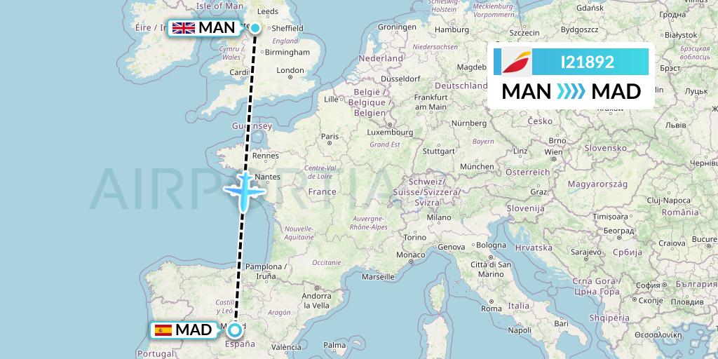 I21892 Iberia Express Flight Map: Manchester to Madrid