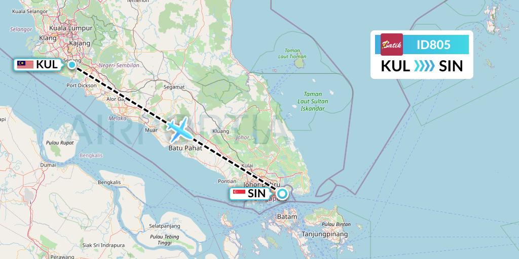 ID805 Batik Air Flight Map: Kuala Lumpur to Singapore
