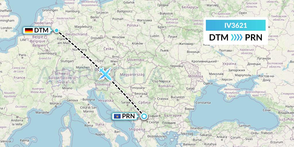 IV3621 VVB Aviation Malta Flight Map: Dortmund to Pristina