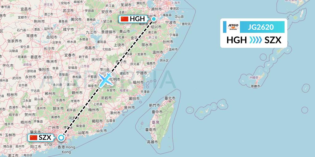 JG2620 JetGo Australia Flight Map: Hangzhou to Shenzhen