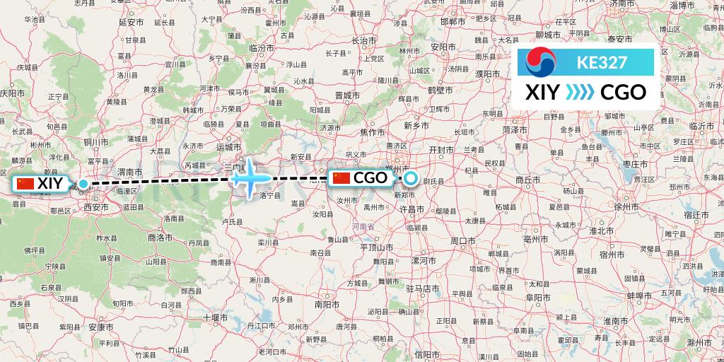 KE327 Korean Air Flight Map: Xi'an to Zhengzhou