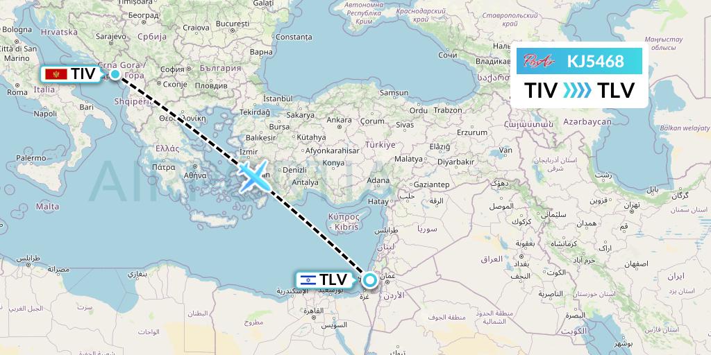 KJ5468 Air Incheon Flight Map: Tivat to Tel Aviv