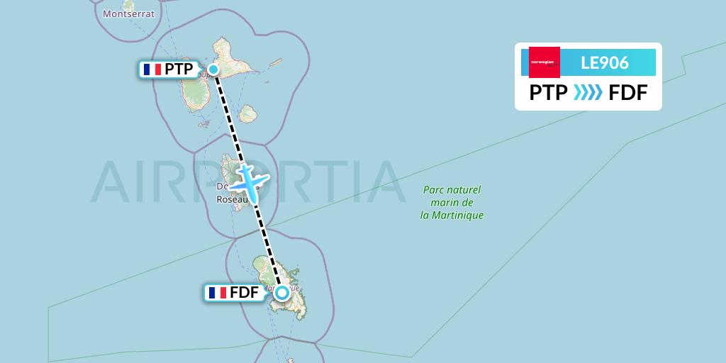 LE906 Lugansk Airlines Flight Map: Pointe-a-Pitre to Fort-de-France