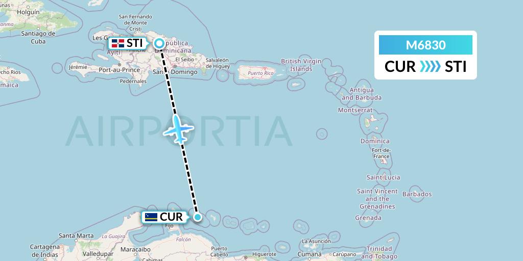 M6830 Amerijet International Flight Map: Willemstad to Santiago de los Caballeros