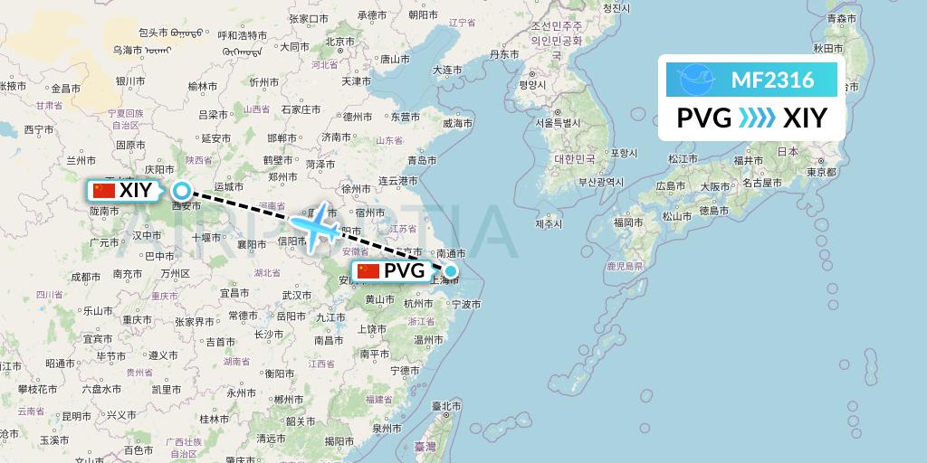 MF2316 Xiamen Airlines Flight Map: Shanghai to Xi'an