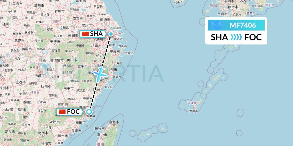 MF7406 Xiamen Airlines Flight Map: Shanghai to Fuzhou