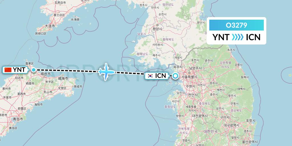 O3279 SF Airlines Flight Map: Yantai to Seoul