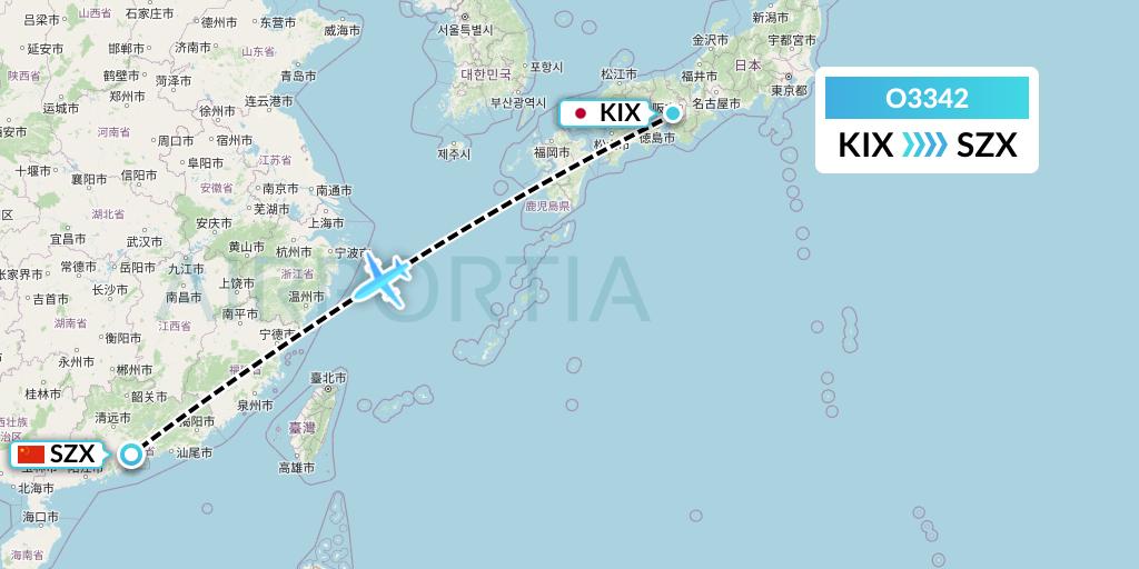 O3342 SF Airlines Flight Map: Osaka to Shenzhen