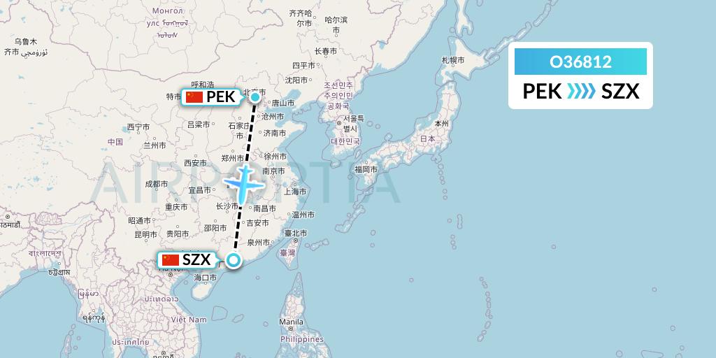O36812 SF Airlines Flight Map: Beijing to Shenzhen