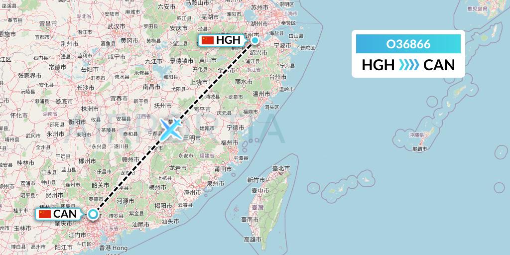 O36866 SF Airlines Flight Map: Hangzhou to Guangzhou